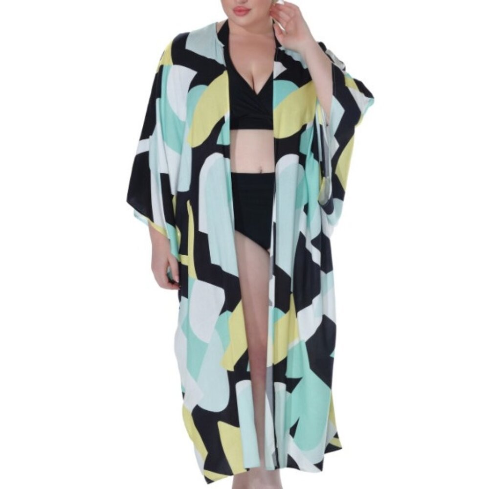 Raviya Plus Size Printed Open Front Kimono Cover Up 2X Yellow $58